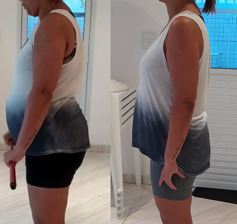 Aluna de perfil antes e depois do acompanhamento, de regata branca