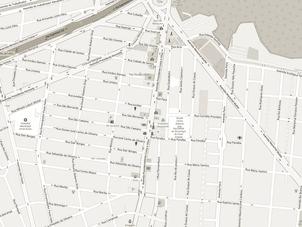 Mapa do Boqueirão, em Praia Grande, com a Avenida Presidente Costa e Silva marcada no centro